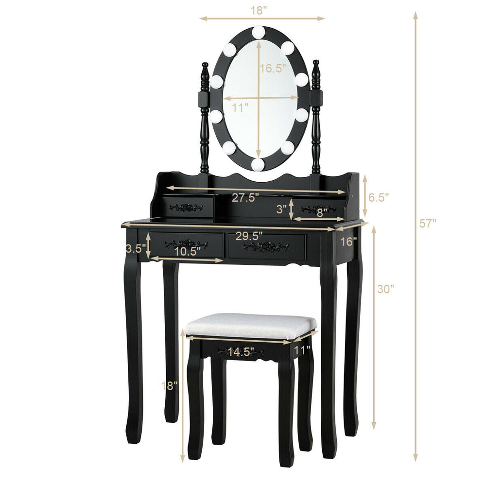 Black makeup dressing table with lighted mirror, cushioned stool, and ample storage for cosmetics in elegant design.
