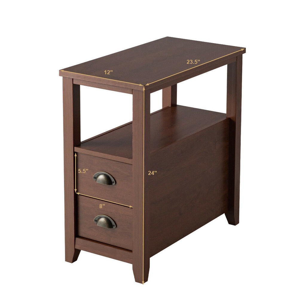 Compact brown end table with two drawers and shelf, featuring retro metal handles, ideal for bedroom or living room.