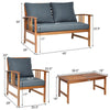 Wooden patio furniture set with cushioned loveseat and chairs, featuring a durable frame and soft cushions for comfort.