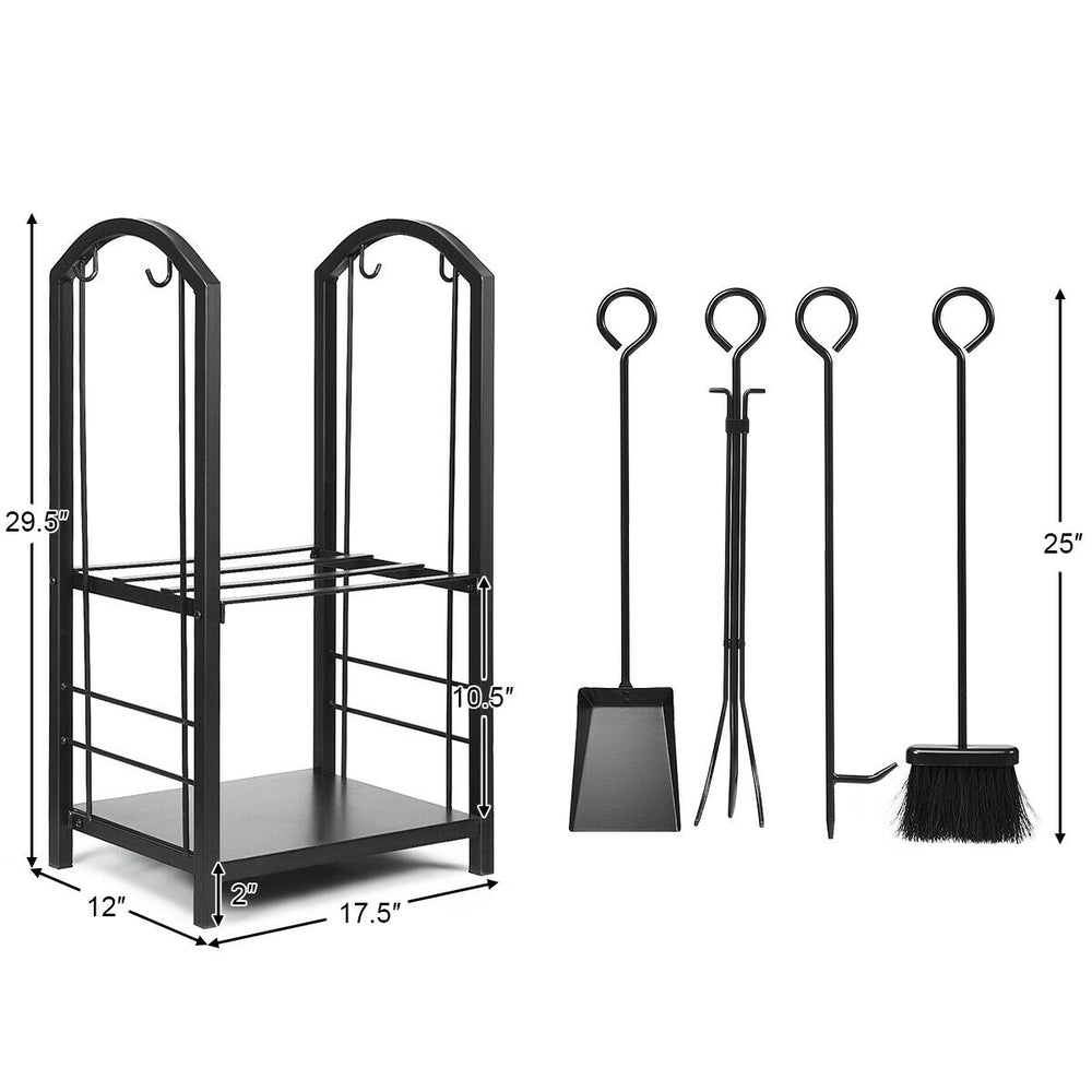 Side view of the fireplace log rack displaying its double-layer design and built-in hooks for organizing 4 essential.