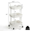 3-tier white utility cart with metal frame and ABS baskets, featuring lockable casters for versatile storage solutions.