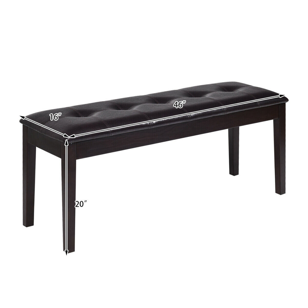 Brown upholstered dining room bench with button tufting, solid rubber wood legs, ideal for dining or hallway use.