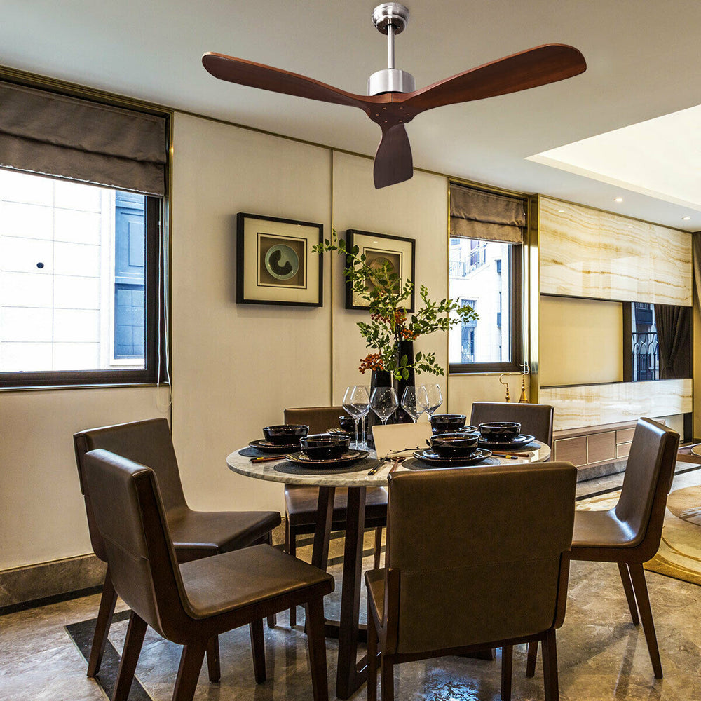 52-inch modern ceiling fan with brushed nickel finish and solid wood blades, ideal for dining and living areas.