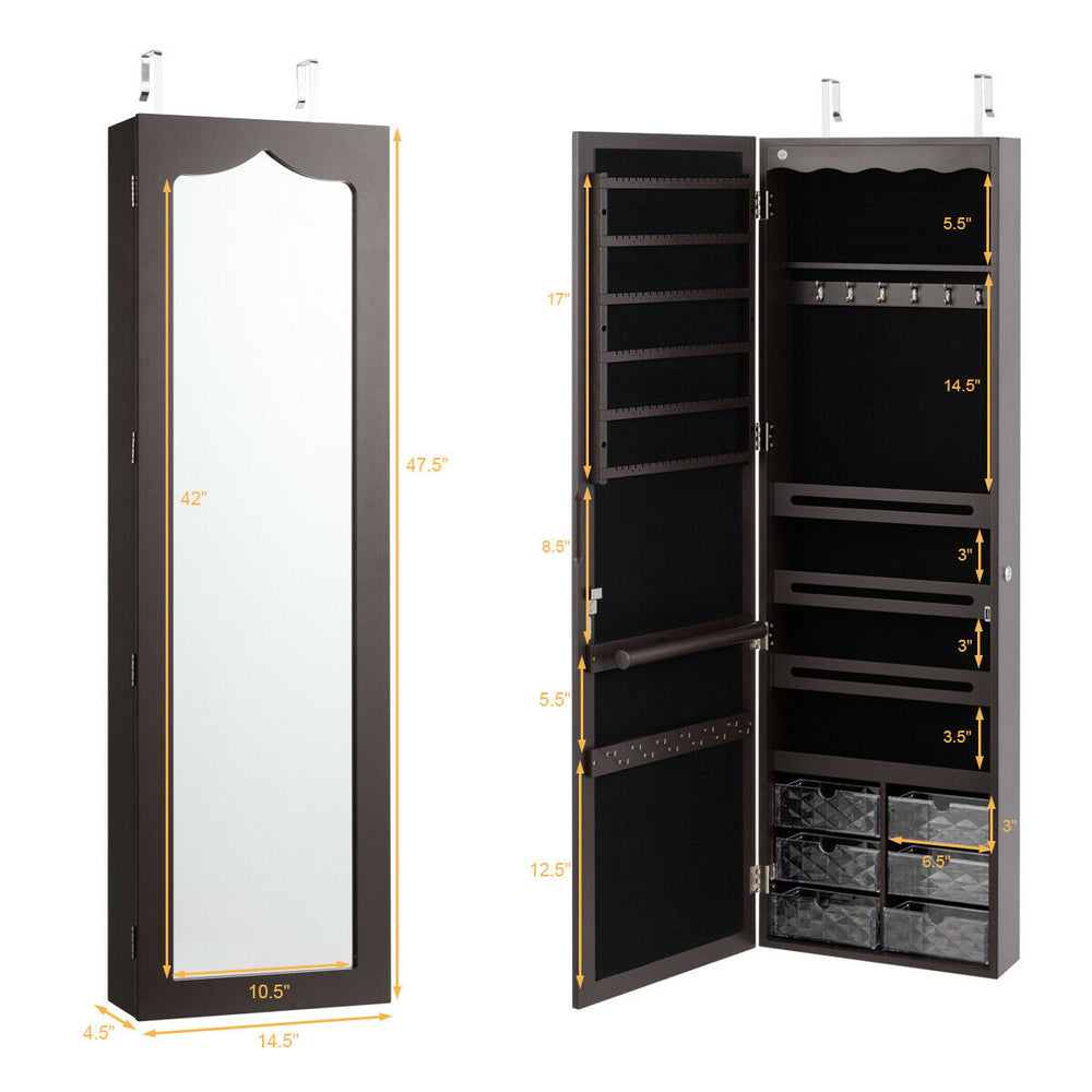 Brown wall-mounted jewelry armoire with full-length mirror, 5 LED lights, and organized storage compartments for.