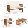 Patio solid wood furniture set featuring a loveseat and two chairs with beige cushions, perfect for outdoor relaxation.