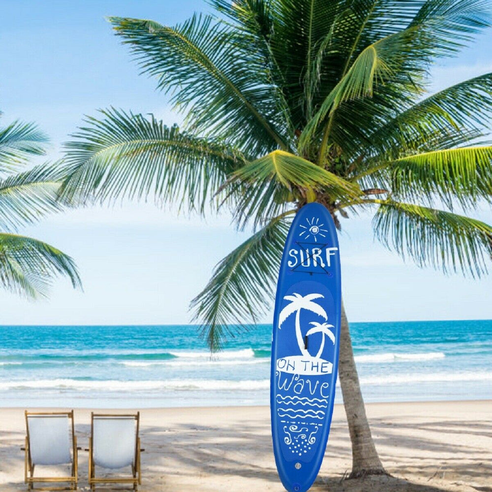 Inflatable stand-up paddle board with non-slip deck, adjustable paddle, and bungee cords for personal items, ideal for.