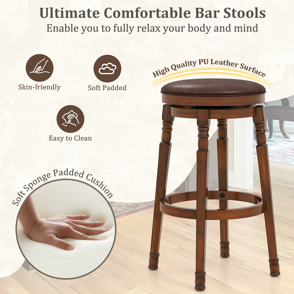 29-inch swivel bar stool with soft PU leather padding and sturdy rubberwood base, perfect for kitchen or pub use.