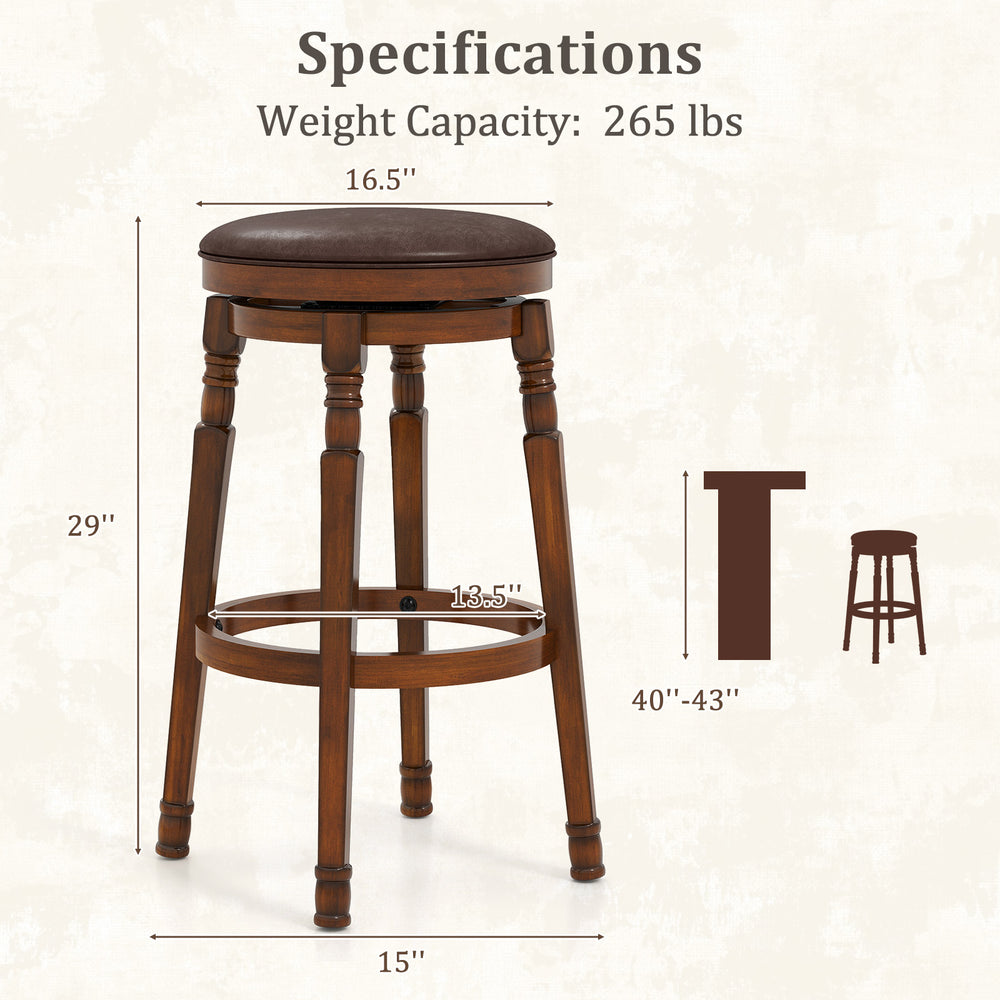 29-inch swivel bar stool in classic walnut color with PU leather padding, ideal for kitchen or pub use.