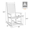 White high back rocking chair made of acacia wood, featuring a contoured slatted seat and wide armrests for comfort.
