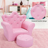 Pink kids sofa with diamond buckle design and matching ottoman, perfect for reading or watching TV in a playroom.