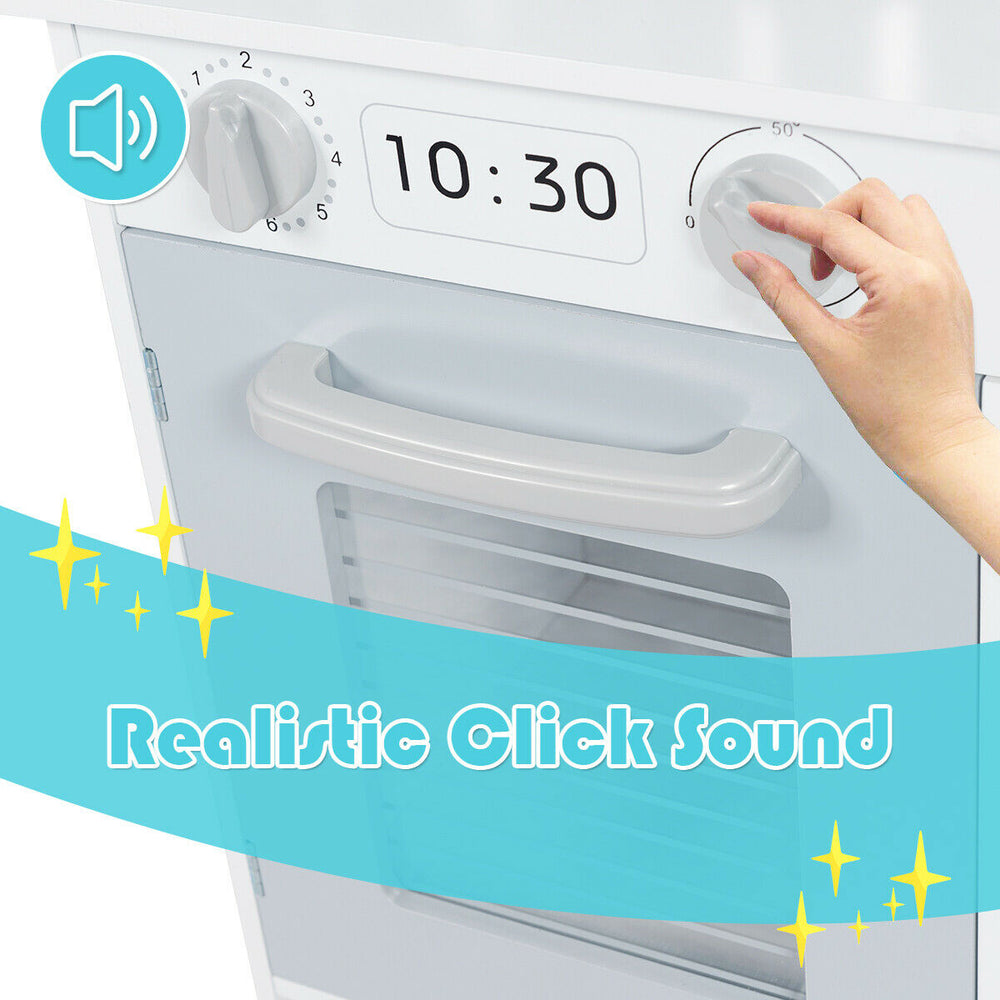 Kids kitchen cooking set featuring a realistic stove knob sound and rotatable faucet for imaginative play and skill.