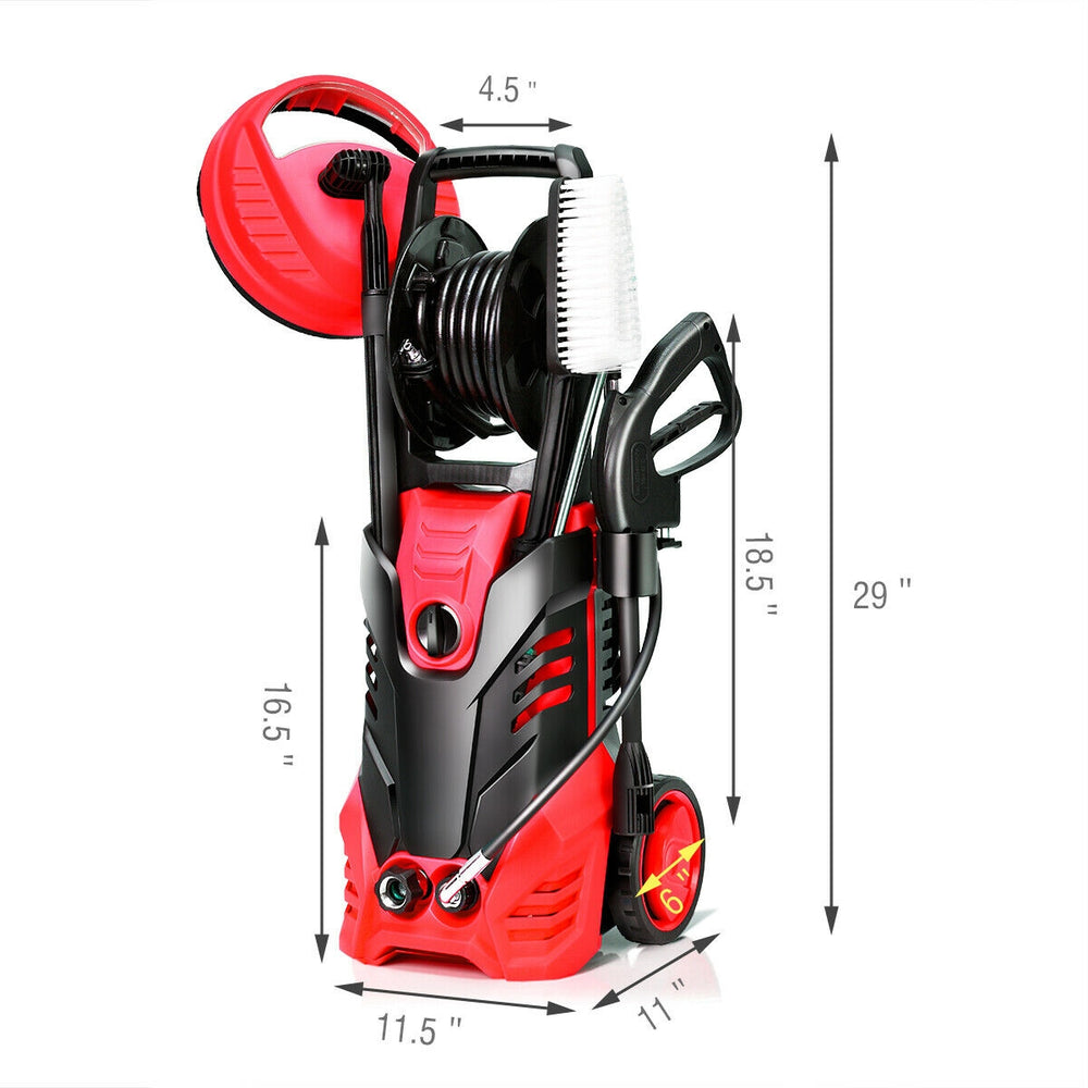 Electric high pressure washer in red with 3000 PSI, five nozzles, and hose reel for versatile outdoor cleaning tasks.