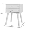 White wooden nightstand with two storage drawers, mid-century design, perfect for bedroom or small spaces.