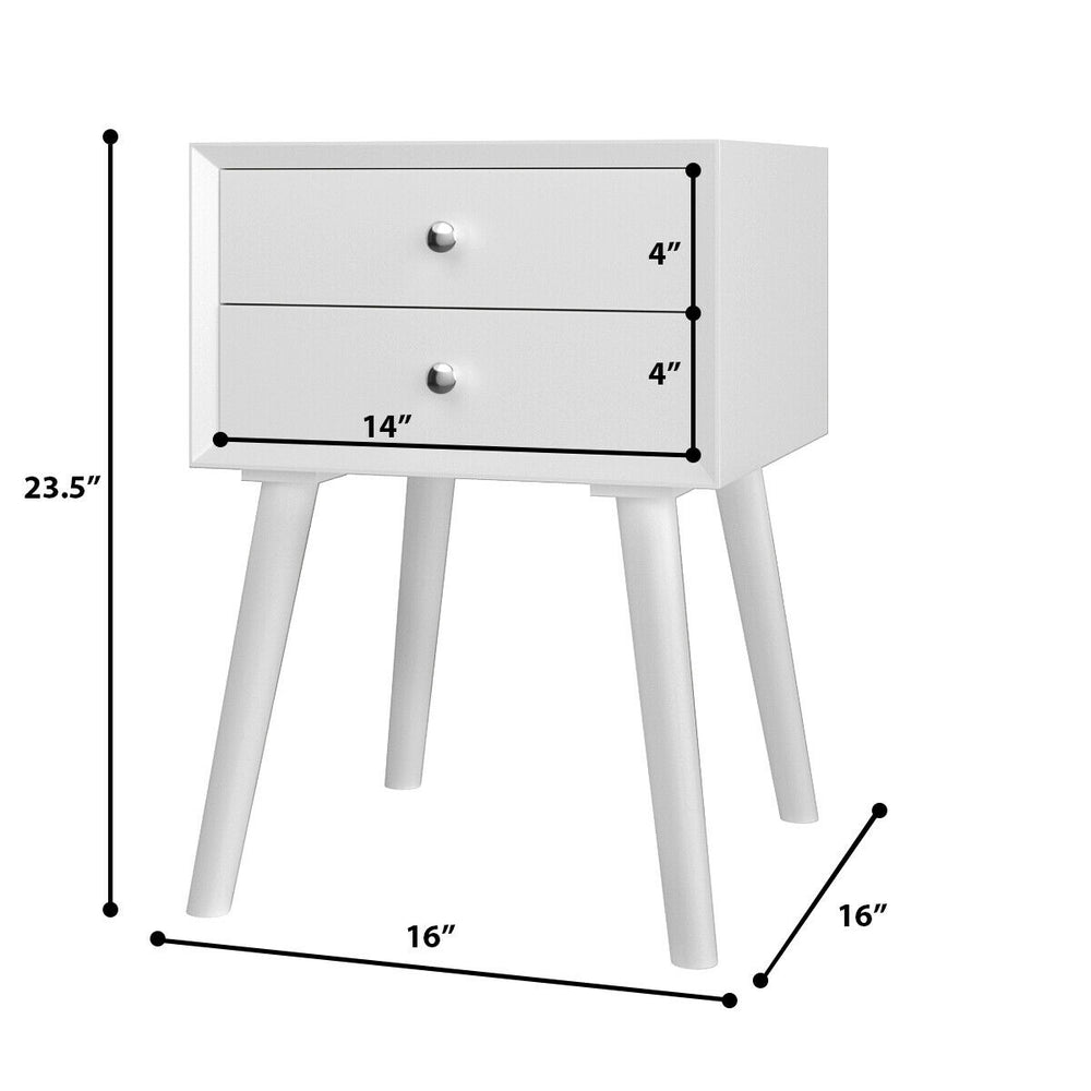 White wooden nightstand with two storage drawers, mid-century design, perfect for bedroom or small spaces.