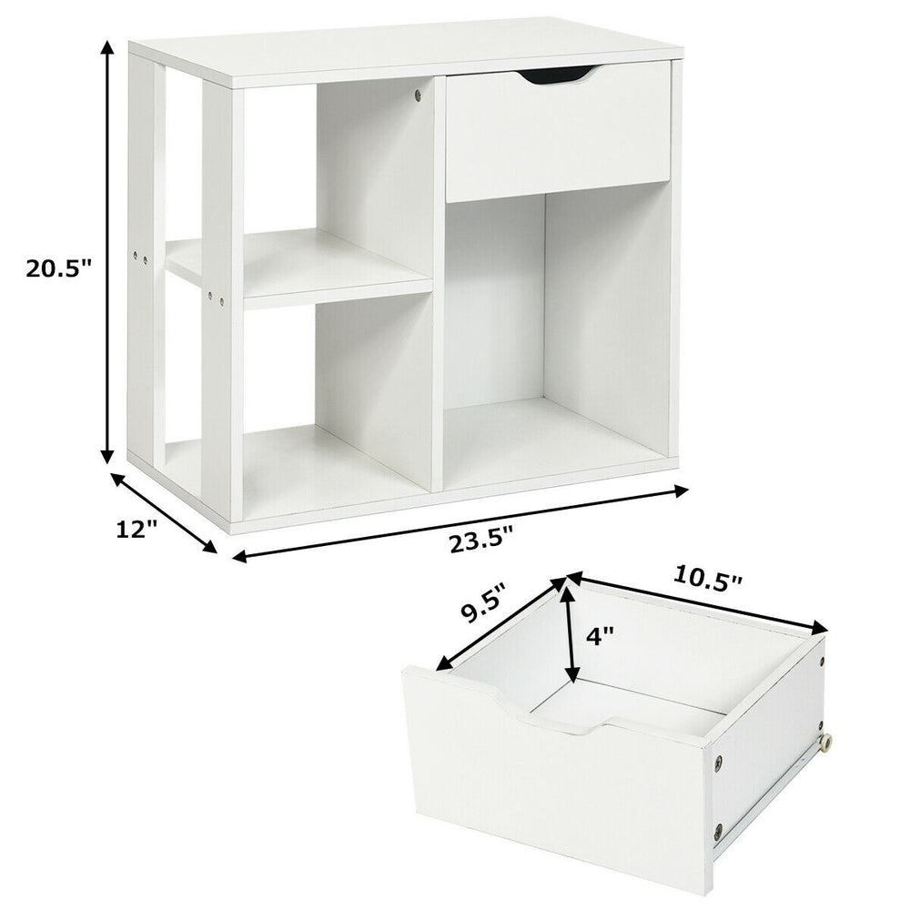 3-tier side table in white with open shelf and large drawer, made of durable particle board for versatile storage.