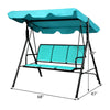 Side view of the outdoor patio three-person swing bench chair with canopy in blue, featuring a sturdy steel frame for.