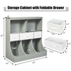 Freestanding gray storage cabinet with three baskets, two open shelves, and multiple storage options for toys and.
