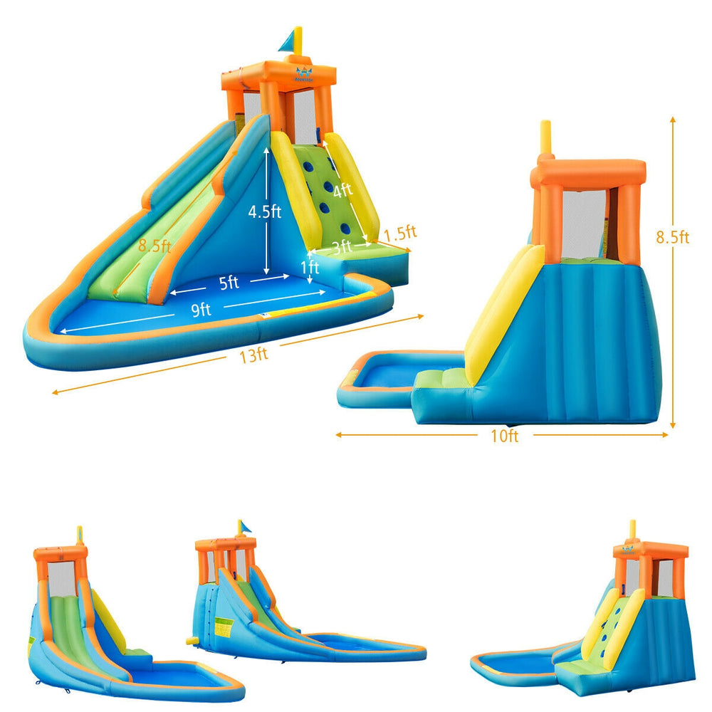 Inflatable water slide bounce house with climbing wall, slide, and splash pool for kids' summer fun, measuring 13ft x.