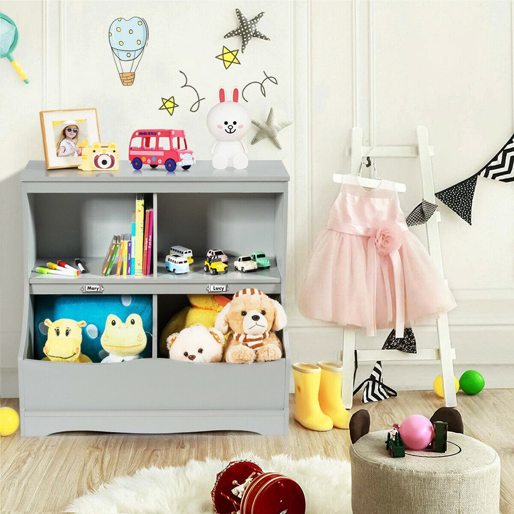 Kids floor cabinet in gray with 2 cubbies and 2 bins, perfect for organizing toys and books in a child's room.