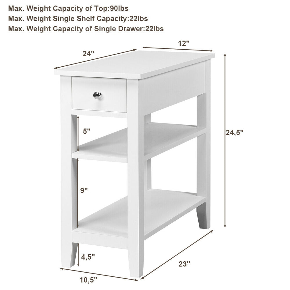 3-tier white nightstand with drawer and double shelves, perfect for narrow spaces in bedrooms or living rooms.