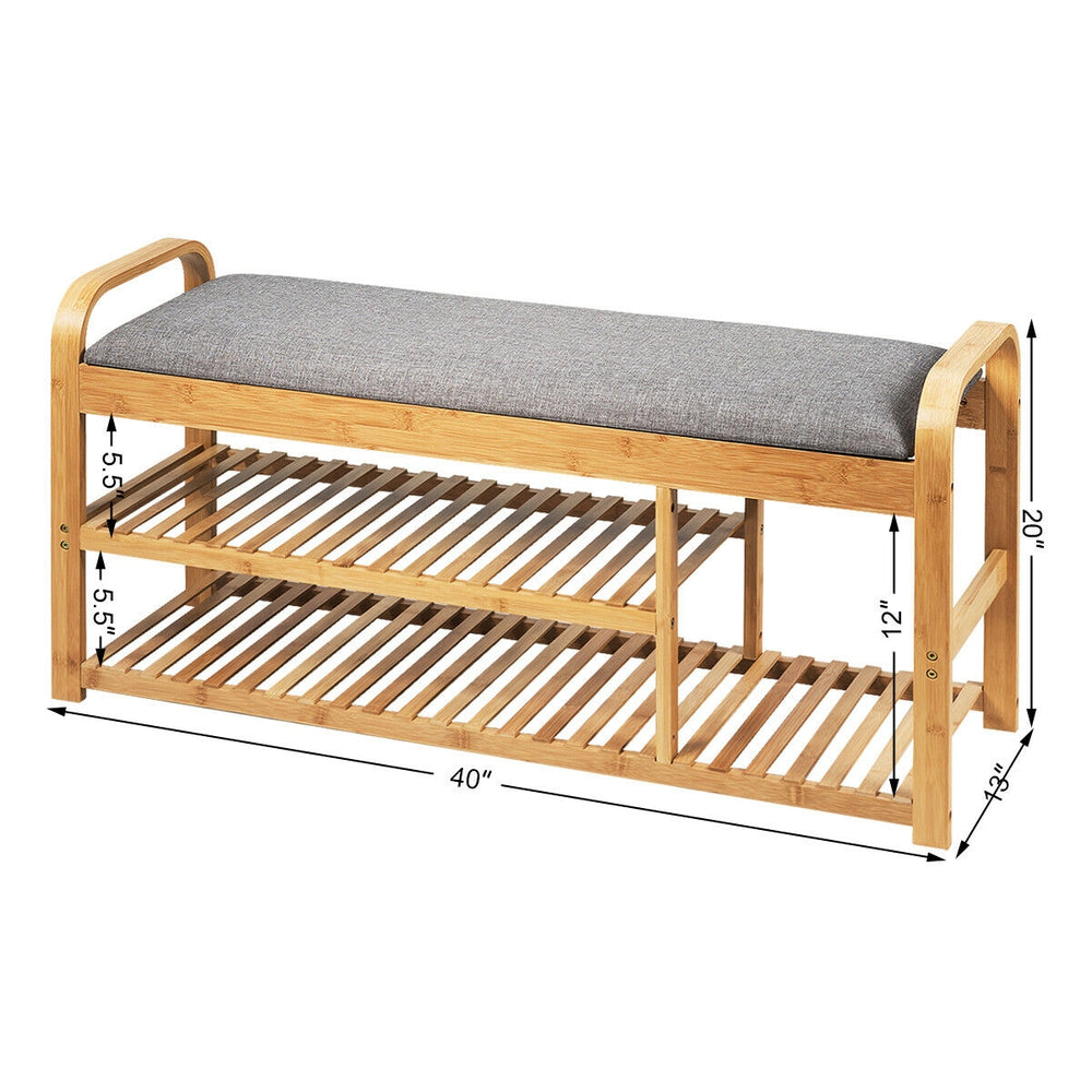 3-Tier bamboo shoe rack bench with cushion, ergonomic height, and sturdy design, perfect for entryway seating.