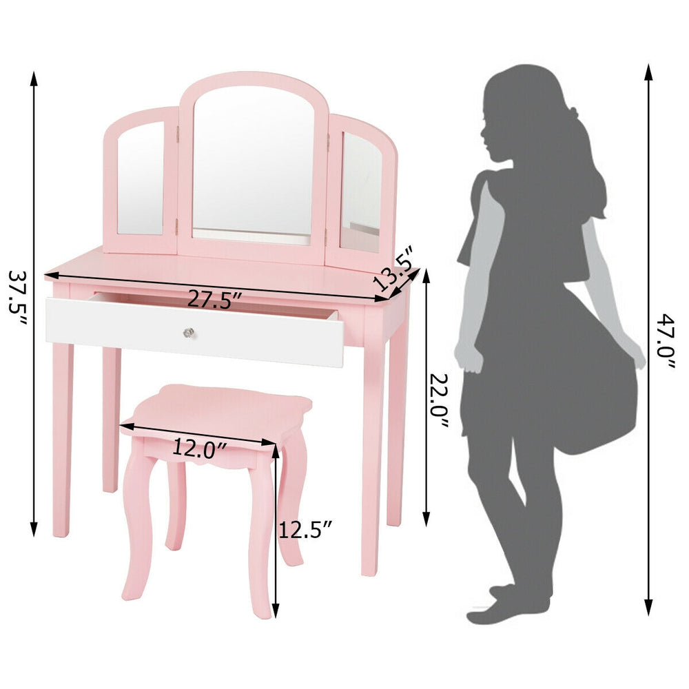 Kids pink makeup dressing table set with tri-folding mirror, sturdy MDF, and large drawer for storage, perfect for.
