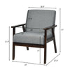 Gray accent armchair with dimensions 31" height and 23" width, featuring a sturdy rubber wood frame and thick cushion.