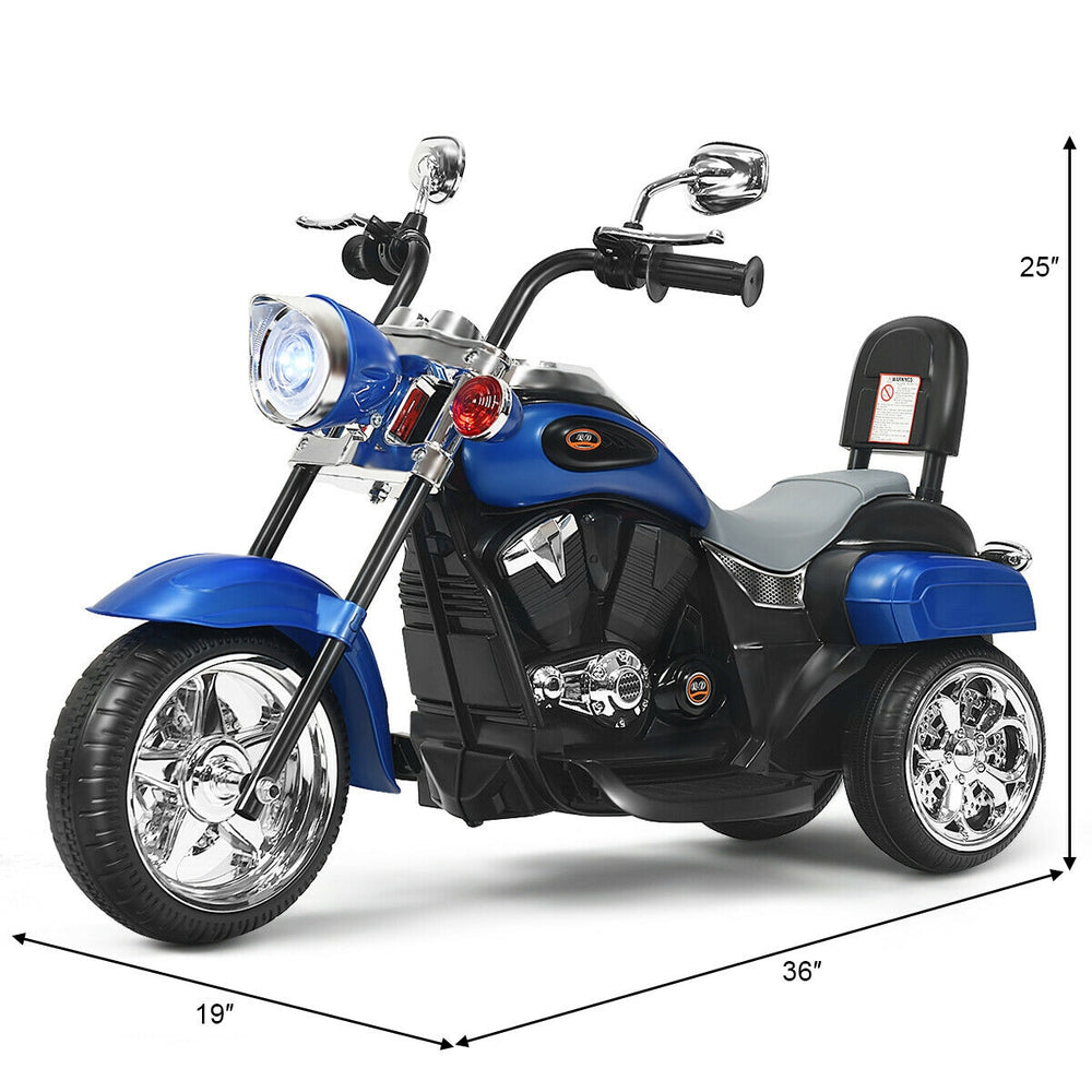 Chopper style 6V 3 wheel kids motorcycle in blue with adjustable headlight and wide seat for comfort and stability.