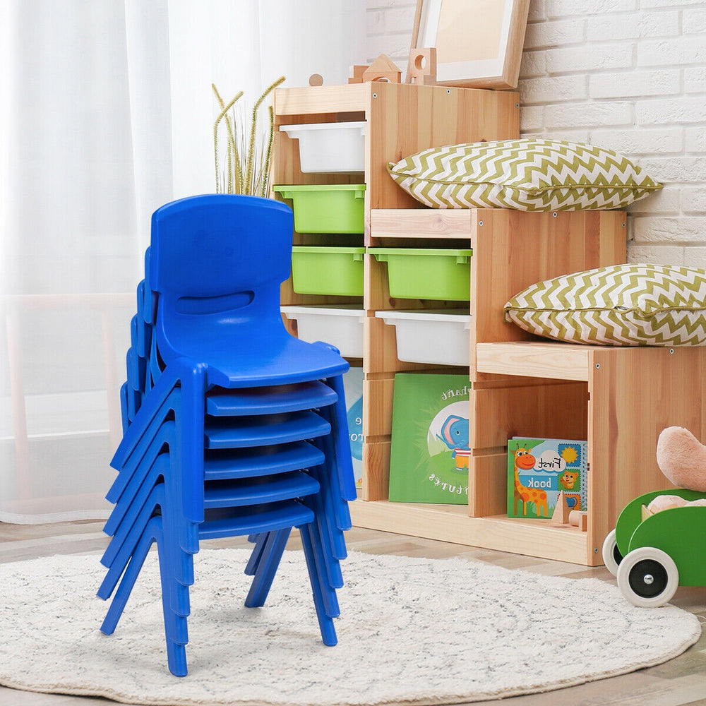 Stacked blue plastic chairs for kids, ASTM certified, weather-resistant, ideal for classrooms and play areas.