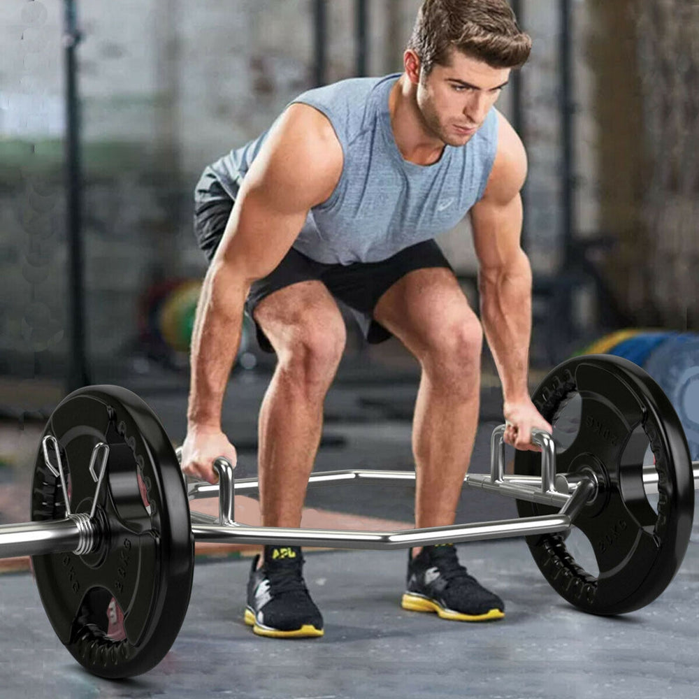 Olympic hexagon deadlift trap bar with chrome finish, dual knurled grips, and 800 lbs capacity for versatile workouts.