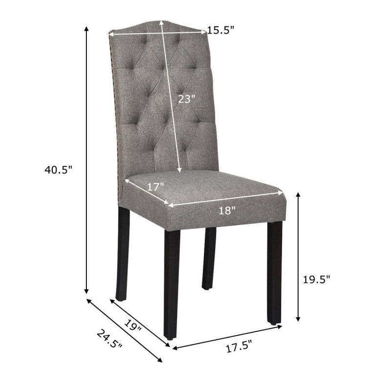Tufted gray upholstered dining chair with rubberwood legs and ergonomic backrest, ideal for home or café use.