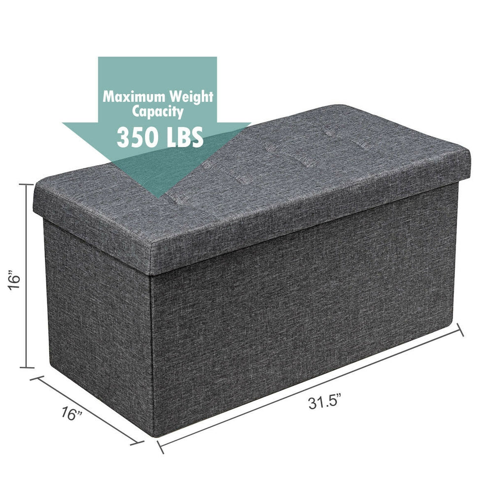 Foldable dark gray storage ottoman with removable bin, sturdy MDF frame, 31.5 inches, ideal for living room or bedroom.