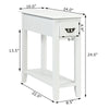 Narrow white 2-tier end table with drawer and shelf, made of P2 MDF and rubber wood, ideal for small spaces.