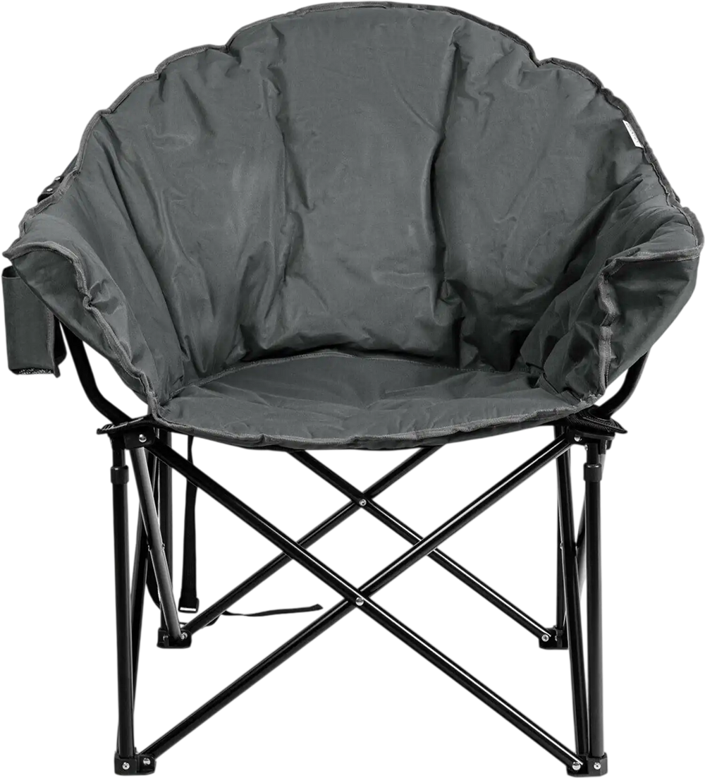 Folding camping moon padded chair in gray with ergonomic backrest and side cup holder, perfect for outdoor relaxation.