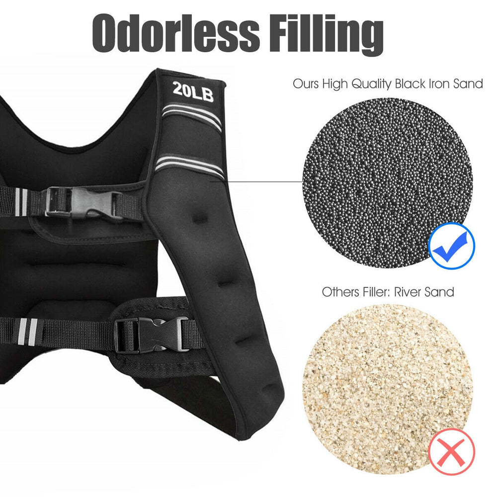 Adjustable weight vest with black iron sand filling, featuring breathable materials and reflective strips for safety.