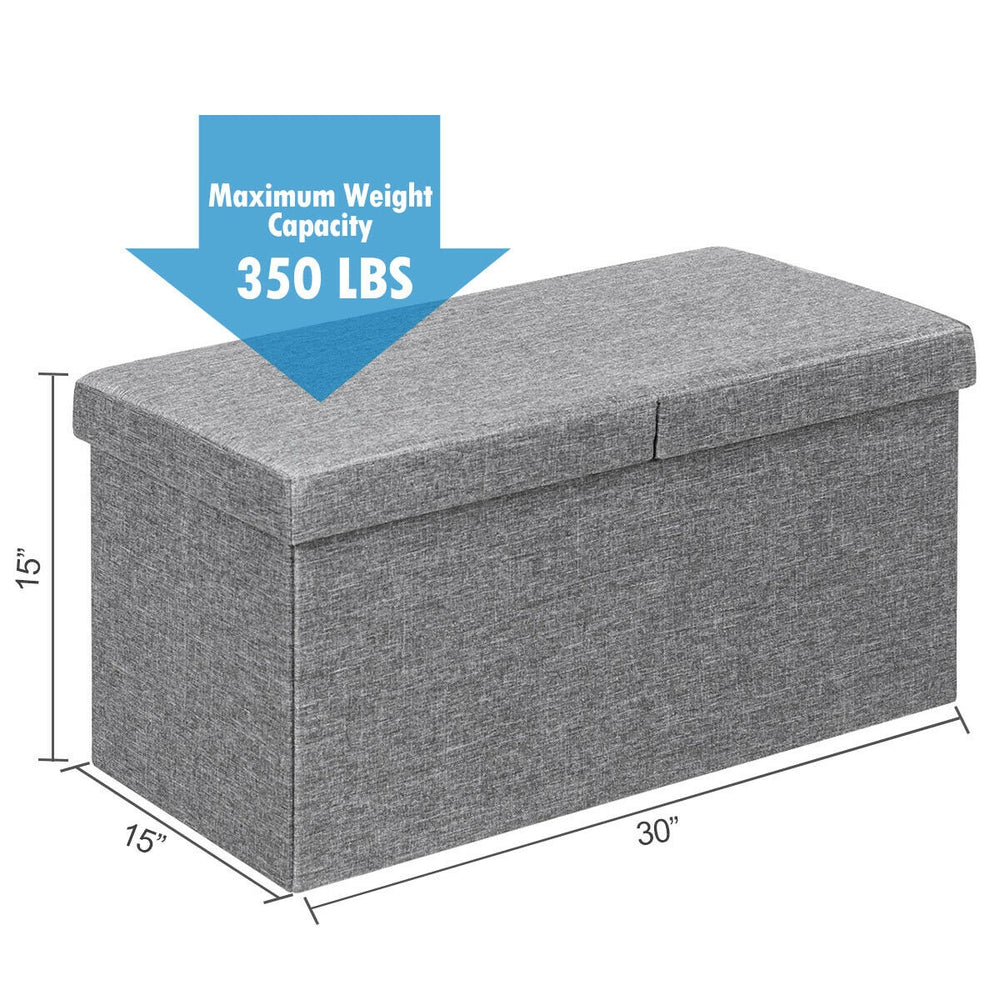 Light gray 30-inch folding storage ottoman with lift top, sturdy MDF construction, and 350 lbs weight capacity for.