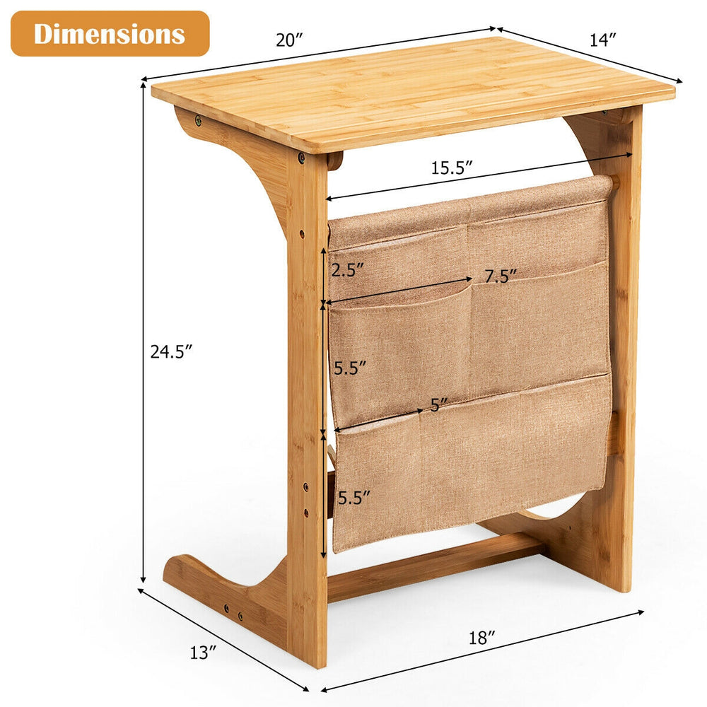 Bamboo side table with storage bag, featuring round corners and waterproof varnish, ideal for bedside or sofa use.