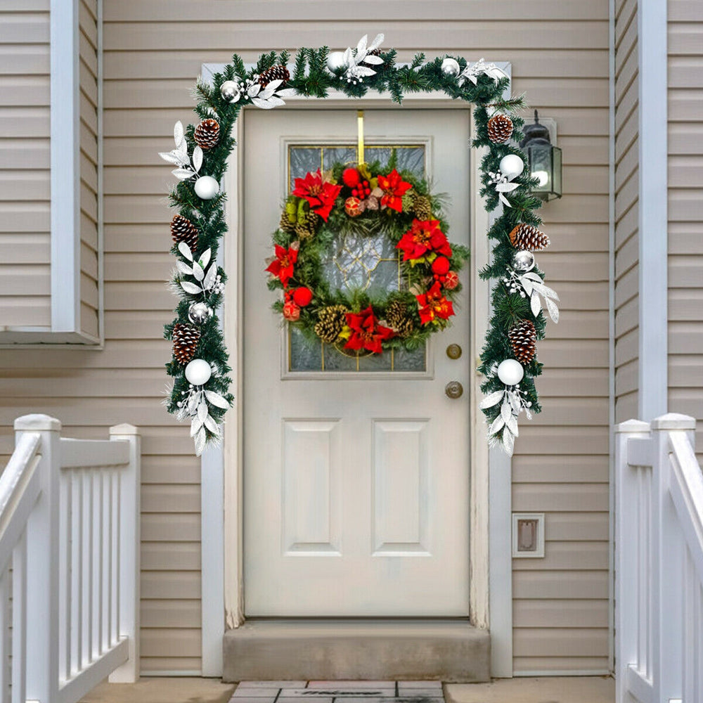 9 feet pre-lit artificial Christmas garland with 50 warm white LED lights, decorated for festive indoor and outdoor use.