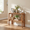 2-tier folding wooden storage shelf with natural wood grain, perfect for entryway or garden display.