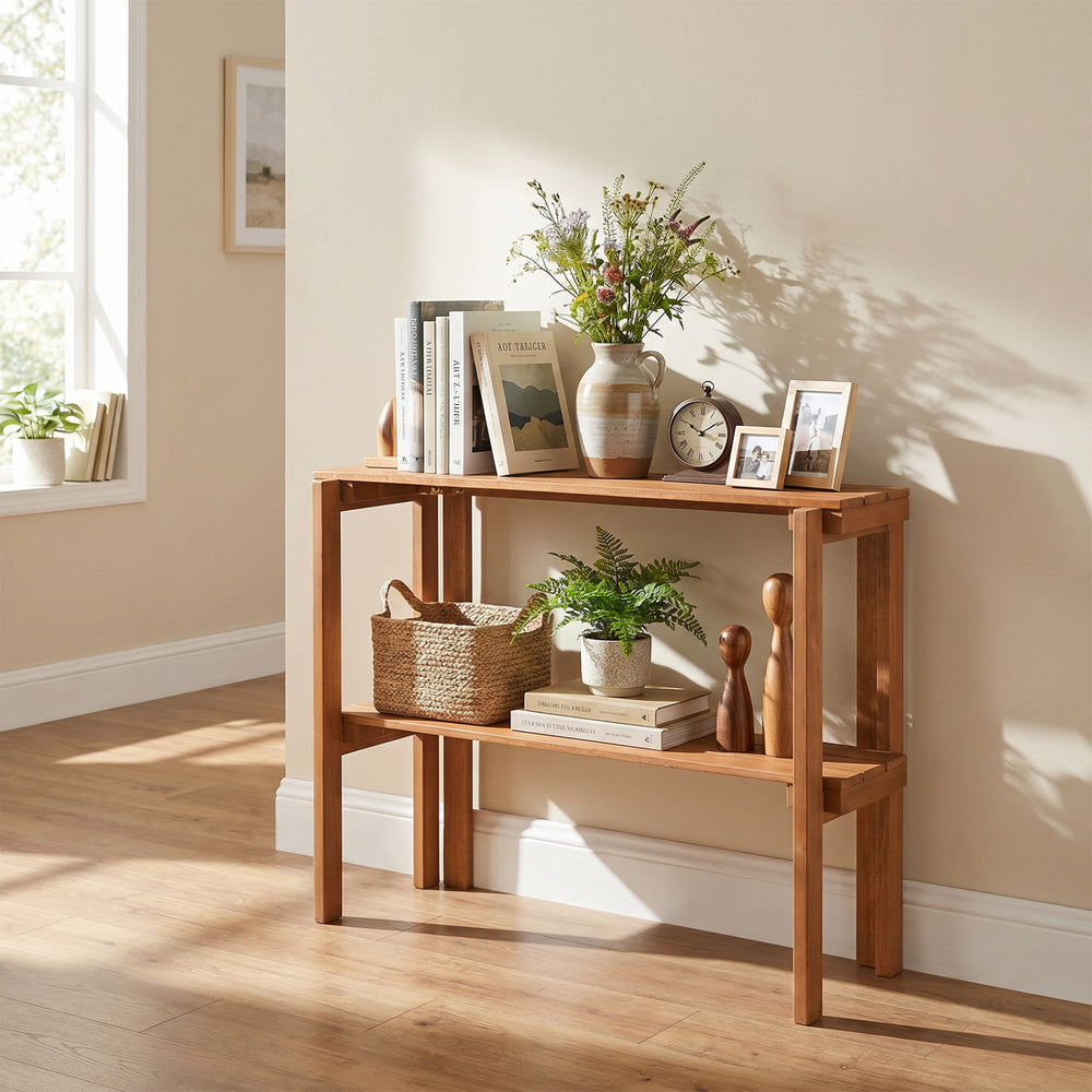 2-tier folding wooden storage shelf with natural wood grain, perfect for entryway or garden display.