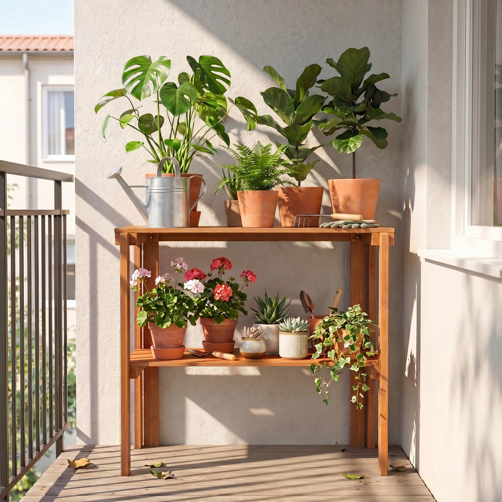 2-tier folding wooden storage shelf with plants, featuring a solid wood structure and waterproof teak oil finish for.