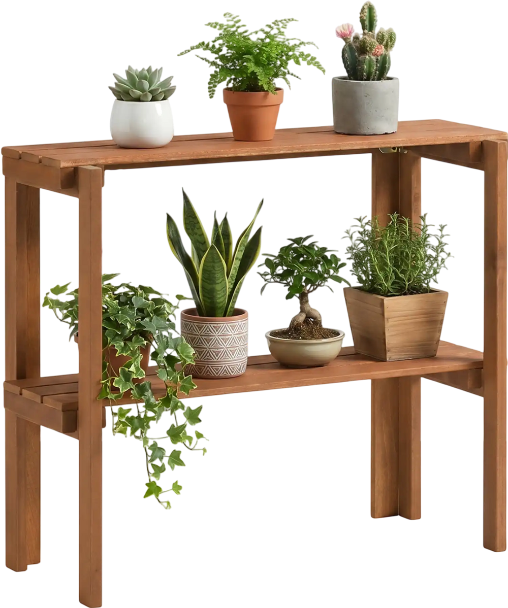 2-tier folding wooden storage shelf with slatted design, showcasing plants, perfect for entryway or garden display.