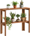 2-tier folding wooden storage shelf with slatted design, showcasing plants, perfect for entryway or garden display.