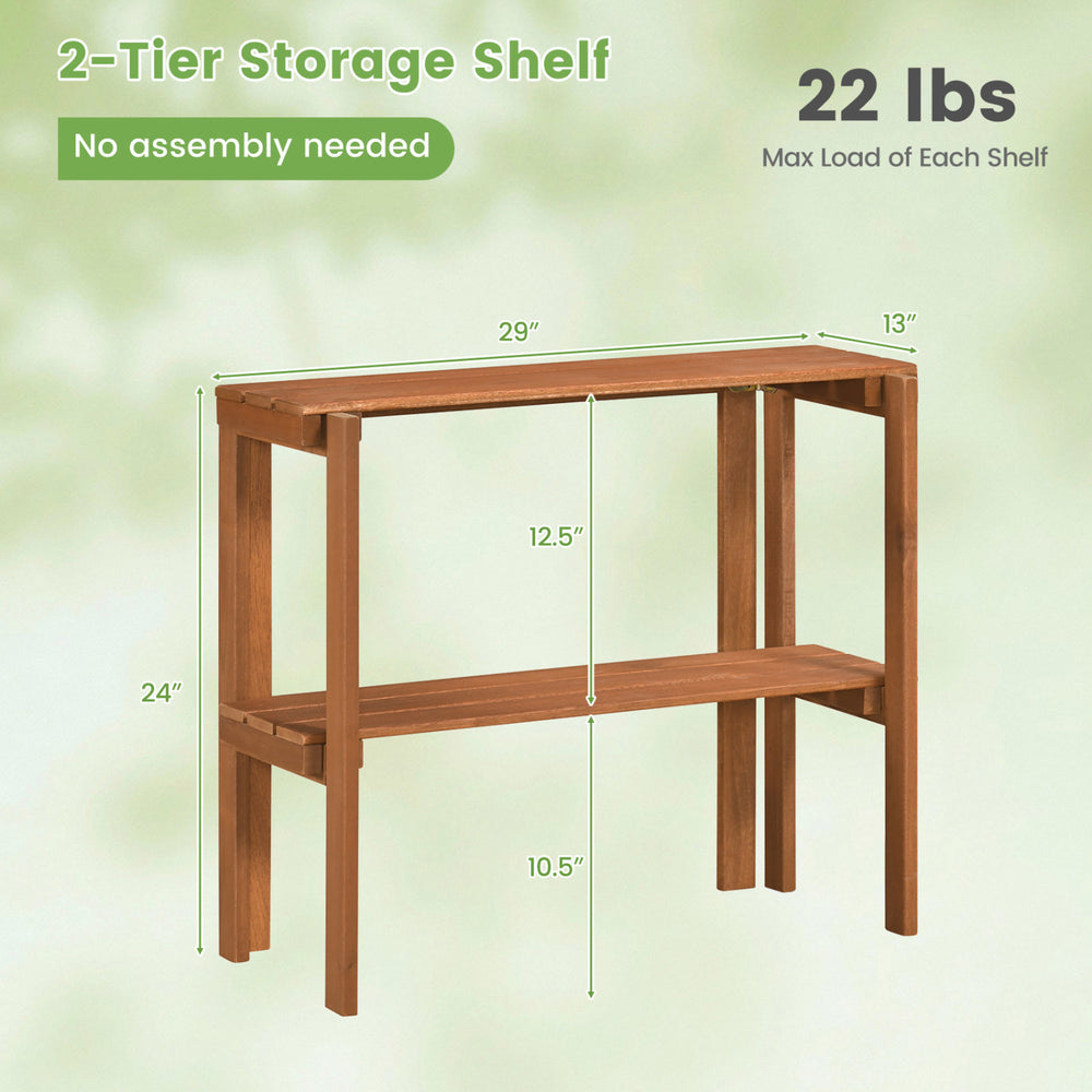 2-tier wooden storage shelf with slatted design and waterproof finish, perfect for entryway or garden use.