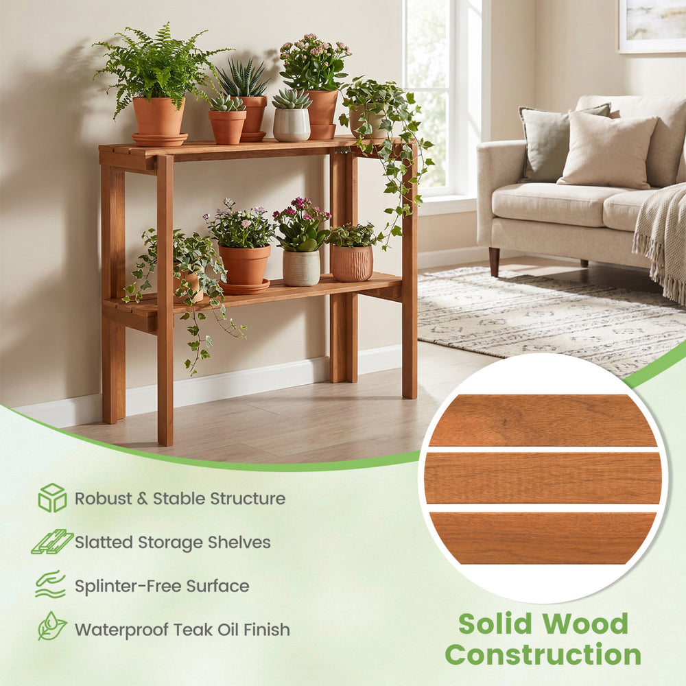 2-tier folding wooden storage shelves with slatted design, waterproof teak oil finish, perfect for entryway or garden.