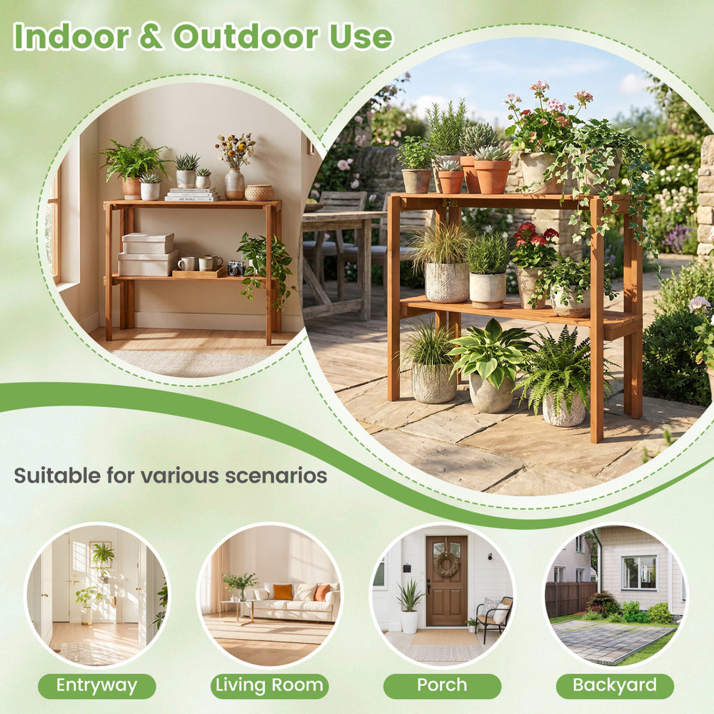 2-tier folding wooden storage shelves with slatted design, ideal for indoor and outdoor use as a plant stand or shoe.