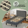 Platform bed with button tufted headboard in gray, featuring 10 solid wood slats for enhanced support and stability.