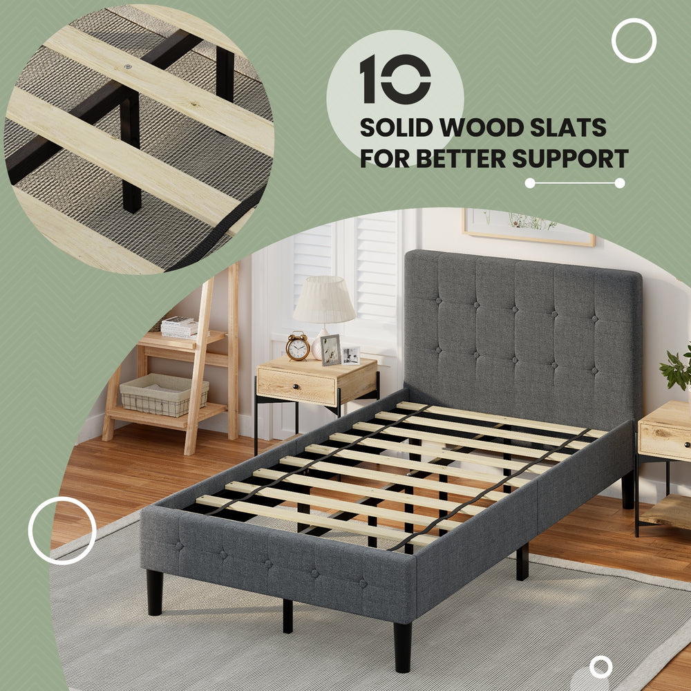 Platform bed with button tufted headboard in gray, featuring 10 solid wood slats for enhanced support and stability.