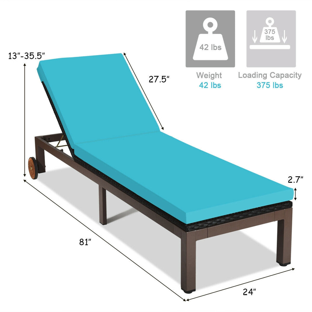 Turquoise patio chaise lounge chair with adjustable backrest, made of PE rattan and metal, ideal for outdoor relaxation.