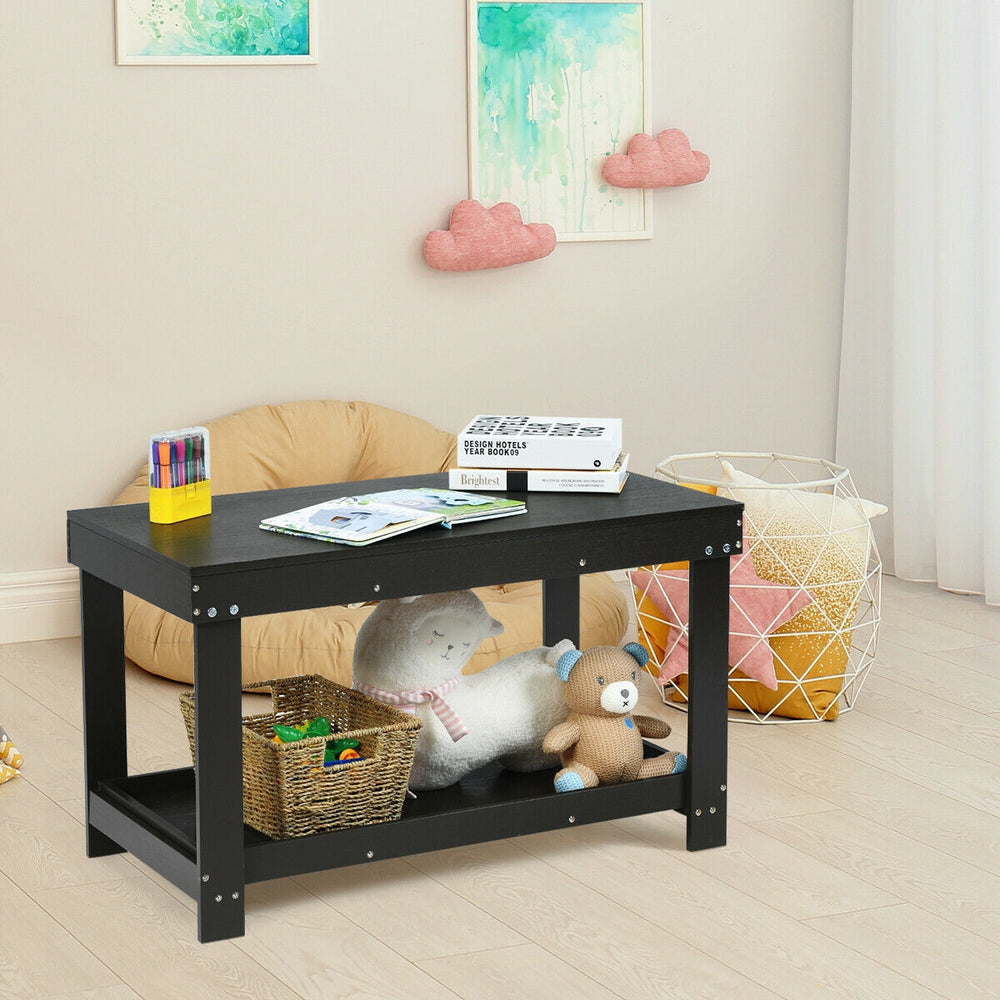 Solid dark brown kids activity play table with storage shelf, perfect for learning and play in a child-friendly space.